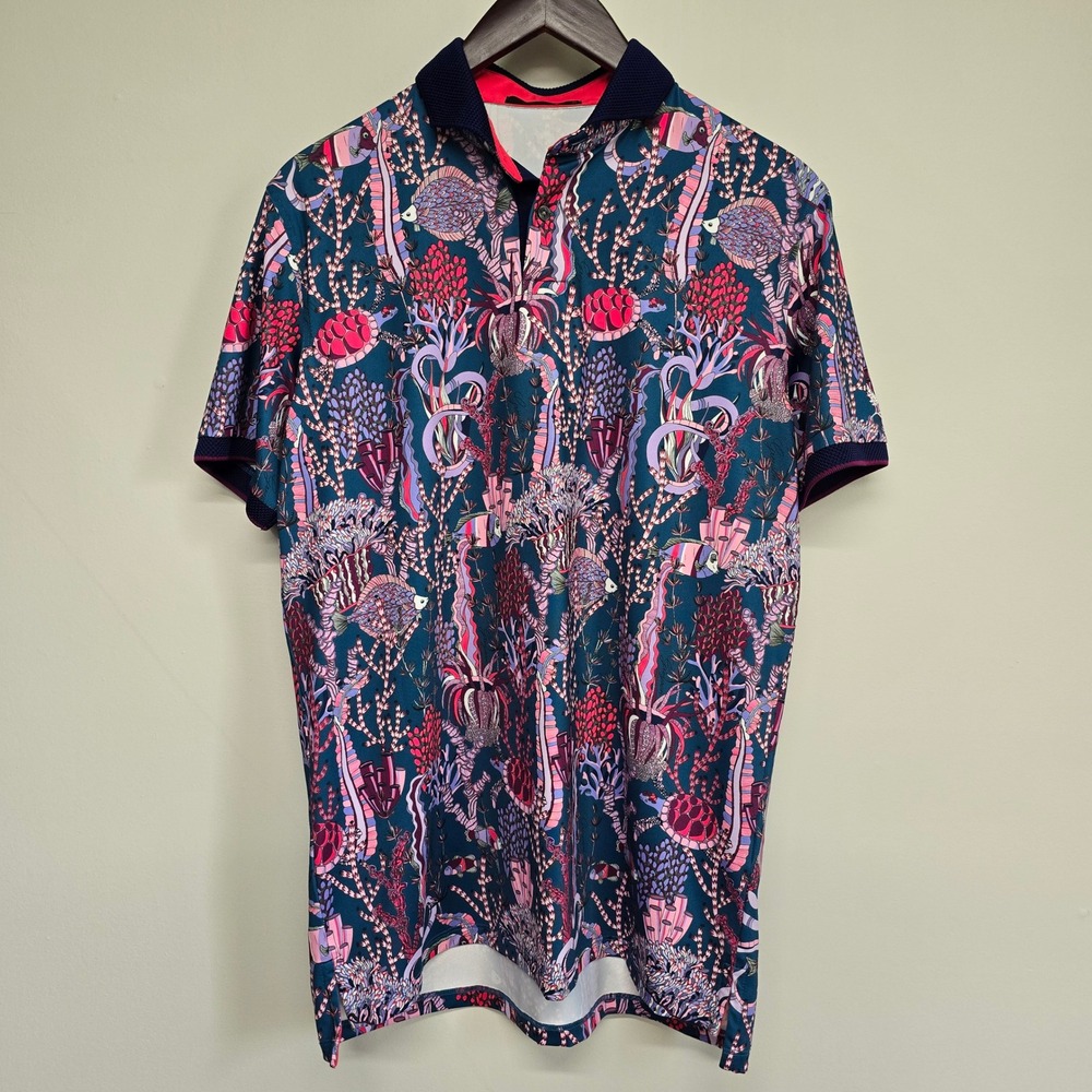 Greyson Polo Shirt Mens Medium Underwater Forest Coral Reef Sea Life Golf Preppy